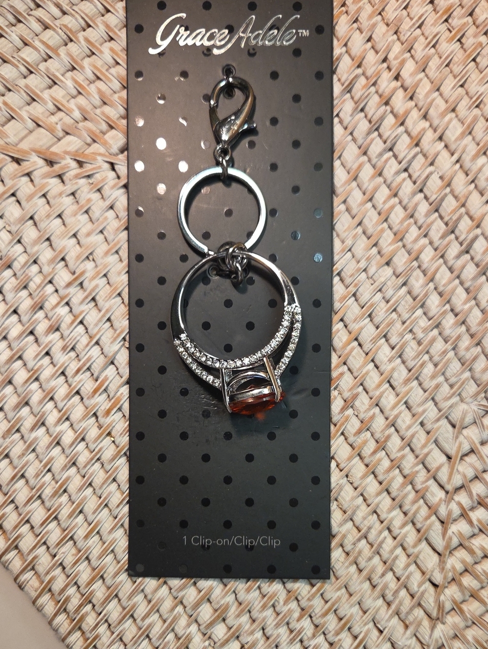 Grace Adele Silver and Amber Crystal Ring Charm Keychain